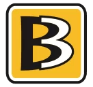 A bold, stylized letter "B" in black and white on a yellow square background with rounded corners and a black and white border.