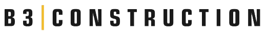 B3 Construction logo with 'B3' in bold black letters, a thin vertical yellow line, and the word 'CONSTRUCTION' in bold black capital letters on a light gray background.