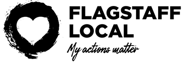 A black heart inside a rough circular brushstroke with the text “FLAGSTAFF LOCAL” in bold and “My actions matter” in script beneath it.