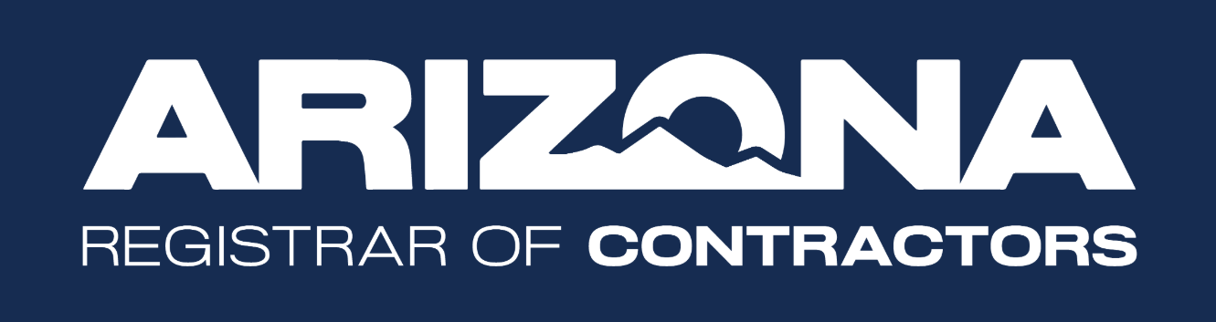 Logo for Arizona Registrar of Contractors. "ARIZONA" is in bold white letters with a stylized mountain design inside the letter "O," and "REGISTRAR OF CONTRACTORS" is written beneath in smaller white text.