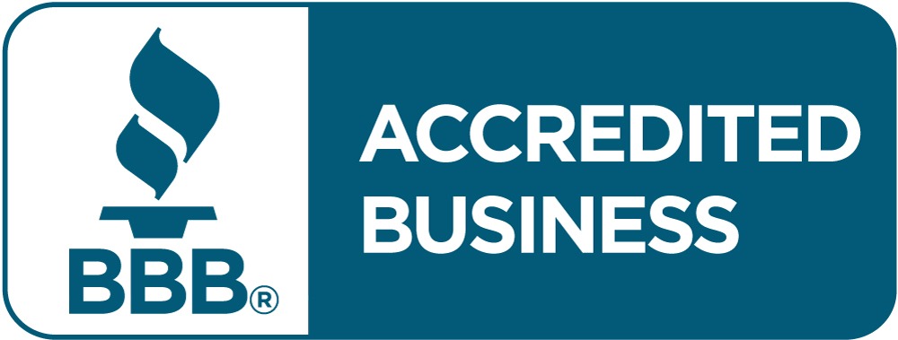A blue and white badge with the Better Business Bureau (BBB) torch logo on the left and the words "ACCREDITED BUSINESS" on the right.