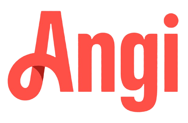 Red "Angi" logo on a light gray background, with a stylized capital "A" featuring a looped tail extending beneath the letter.