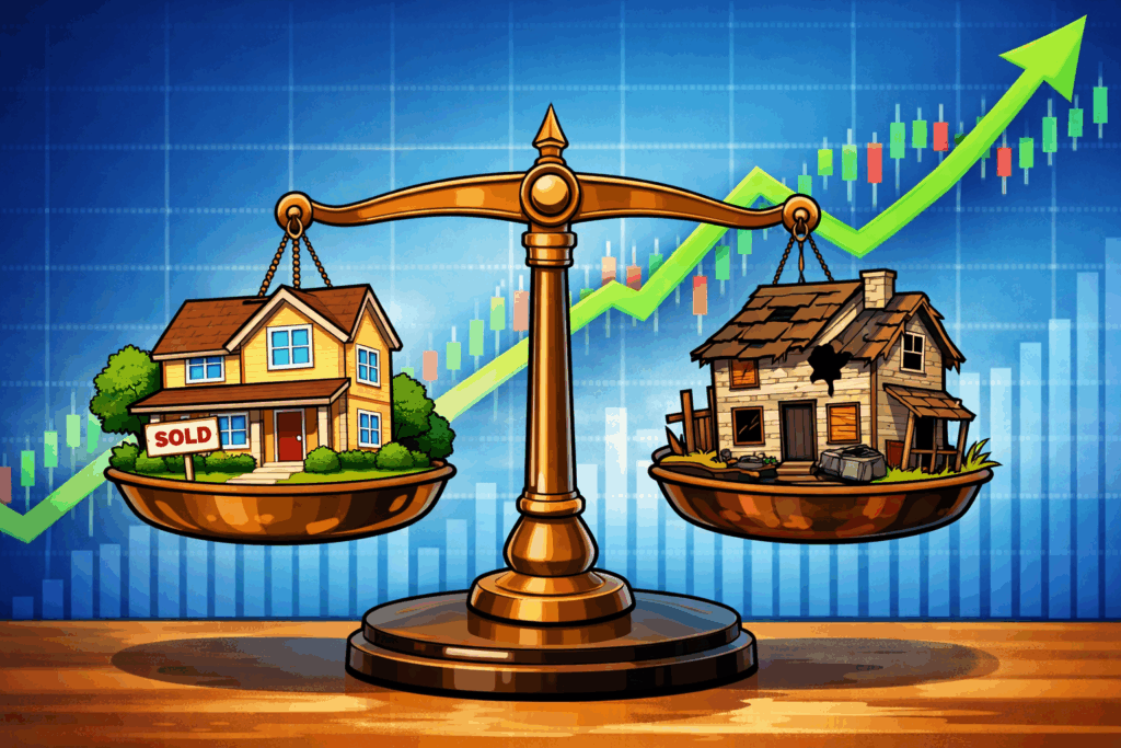 A golden balance scale holds a new house labeled "sold" on one side and an old, dilapidated house on the other, with a rising green arrow and financial chart in the background representing increasing property values.